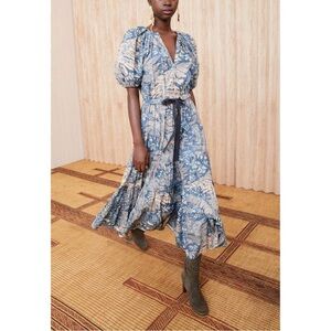 Ulla Johnson Midi Blue Cotton Floral Olina Puff-Sleeve Dress